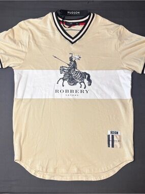 Hudson Jeans Beige & White V‑Neck Polo Tee with Knight Graphic